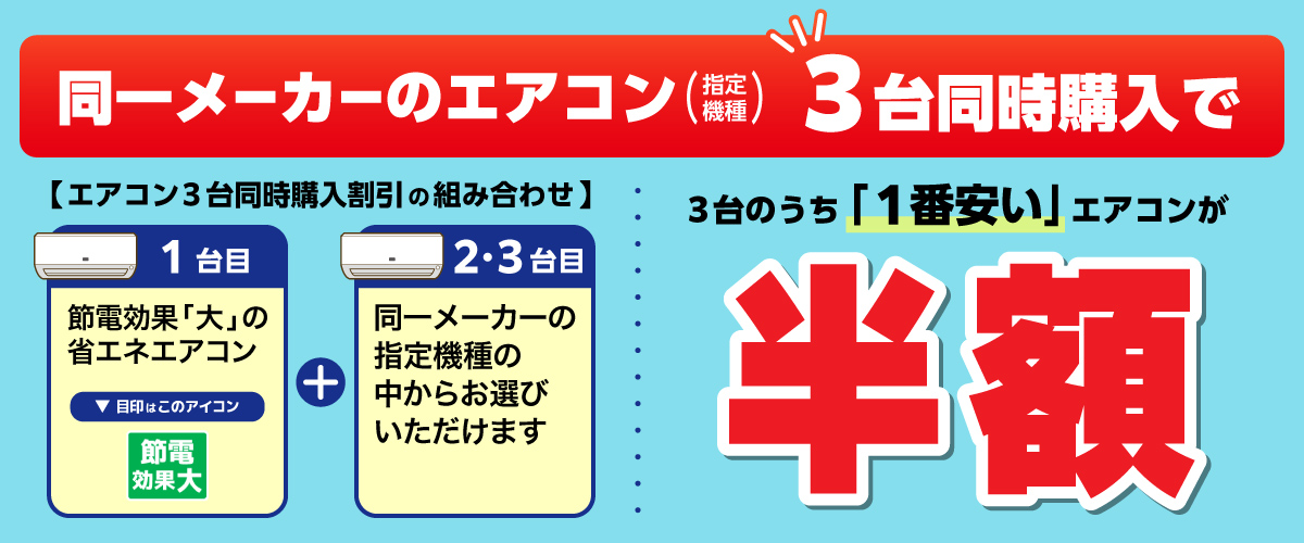 同一メーカーのエアコン2台同時購入で2台のうち「安い方」のエアコンが20％OFF