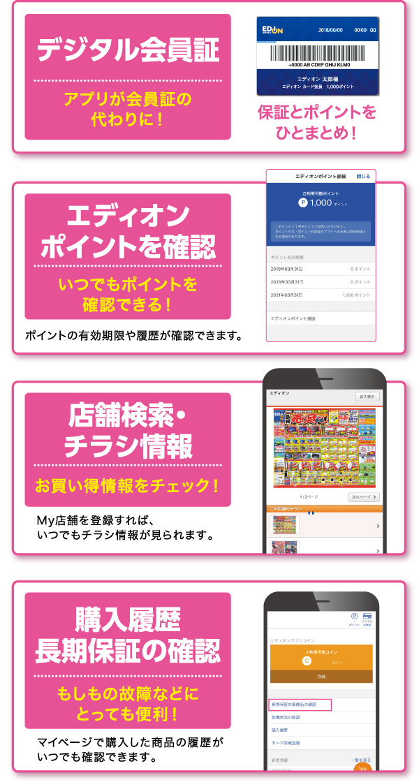 デジタル会員証。エディオンポイントを確認。店舗検索・チラシ情報。購入履歴・長期保証の確認